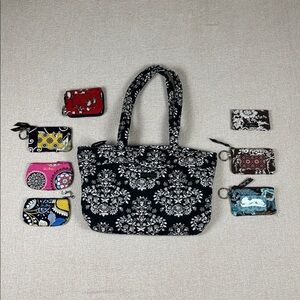 Vera Bradley 8 piece bundle with quilted tote plus Zip ID cases, coin purses